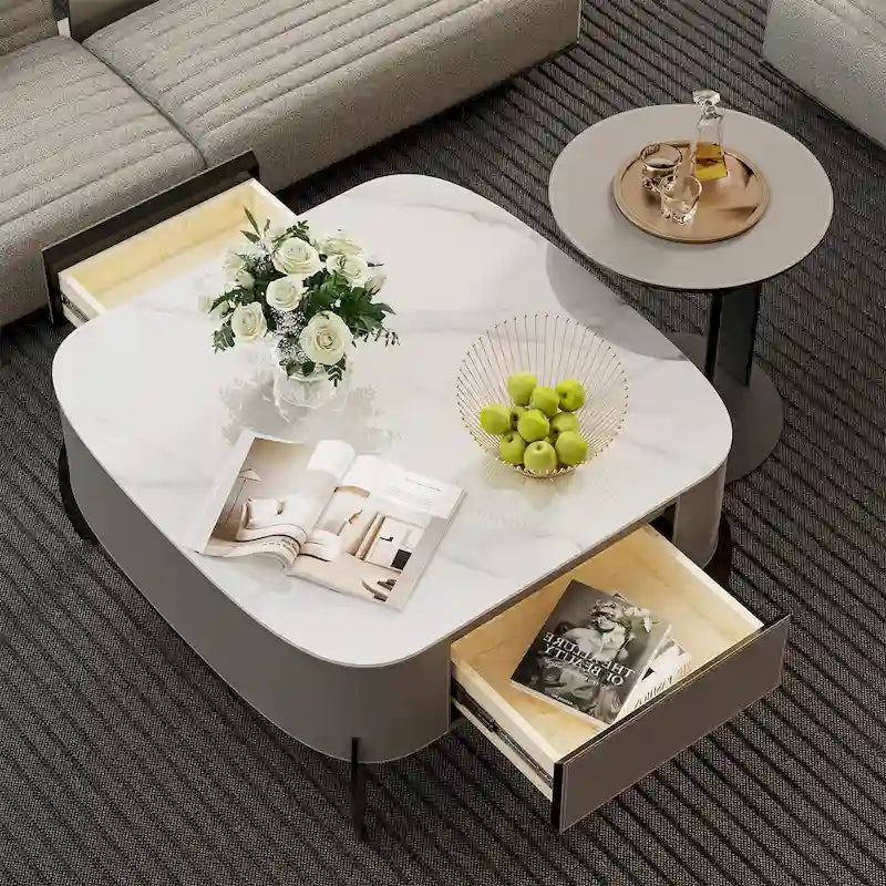 Table Basse Carrée Moderne avec Tiroirs, Table d'Appoint Blanche Style Mecha
