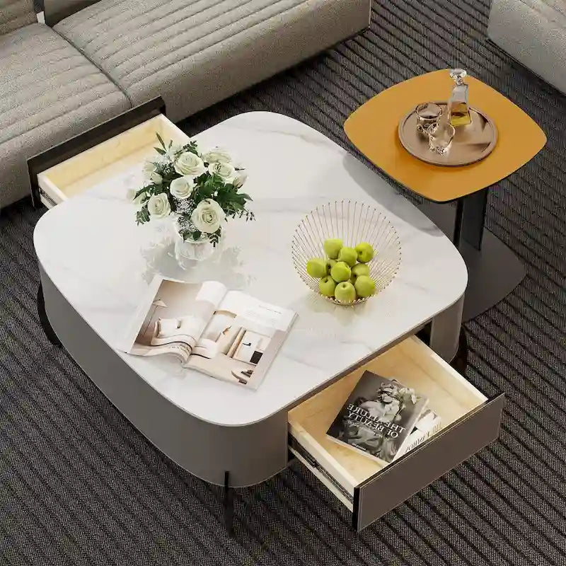 Table Basse Carrée Moderne avec Tiroirs, Table d'Appoint Blanche Style Mecha