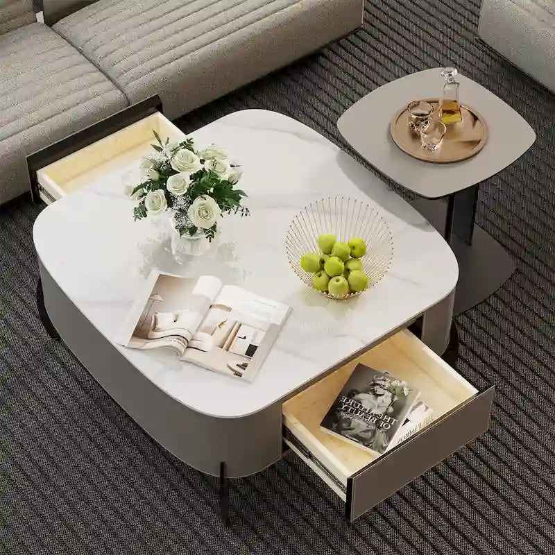 Table Basse Carrée Moderne avec Tiroirs, Table d'Appoint Blanche Style Mecha