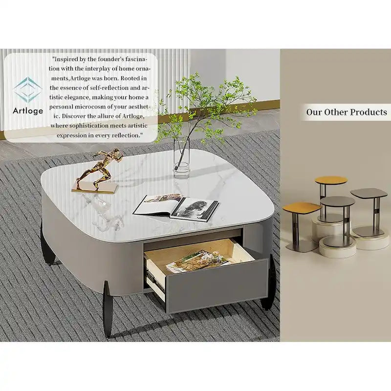 Table Basse Carrée Moderne avec Tiroirs, Table d'Appoint Blanche Style Mecha