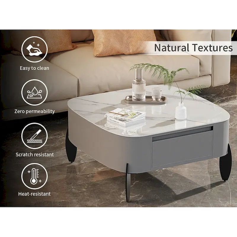 Table Basse Carrée Moderne avec Tiroirs, Table d'Appoint Blanche Style Mecha