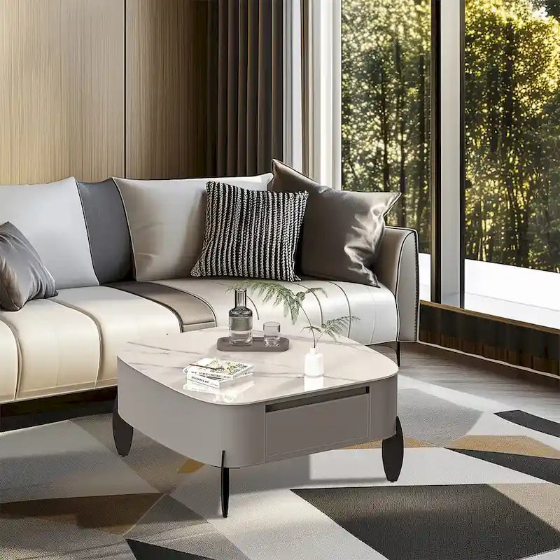 Table Basse Carrée Moderne avec Tiroirs, Table d'Appoint Blanche Style Mecha