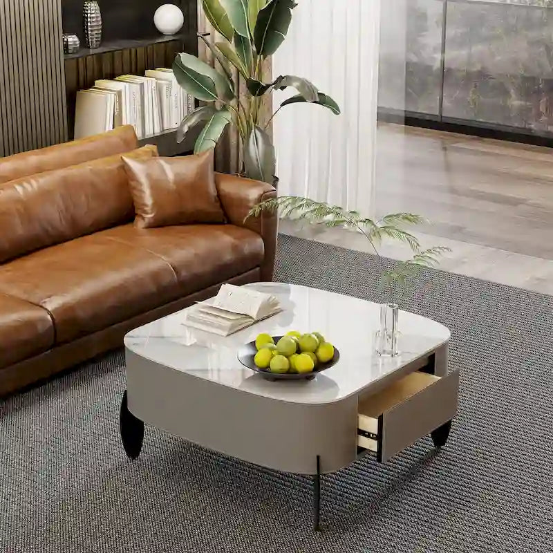 Table Basse Carrée Moderne avec Tiroirs, Table d'Appoint Blanche Style Mecha