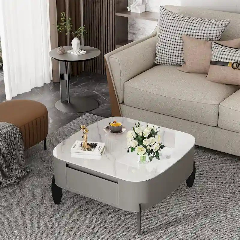 Table Basse Carrée Moderne avec Tiroirs, Table d'Appoint Blanche Style Mecha