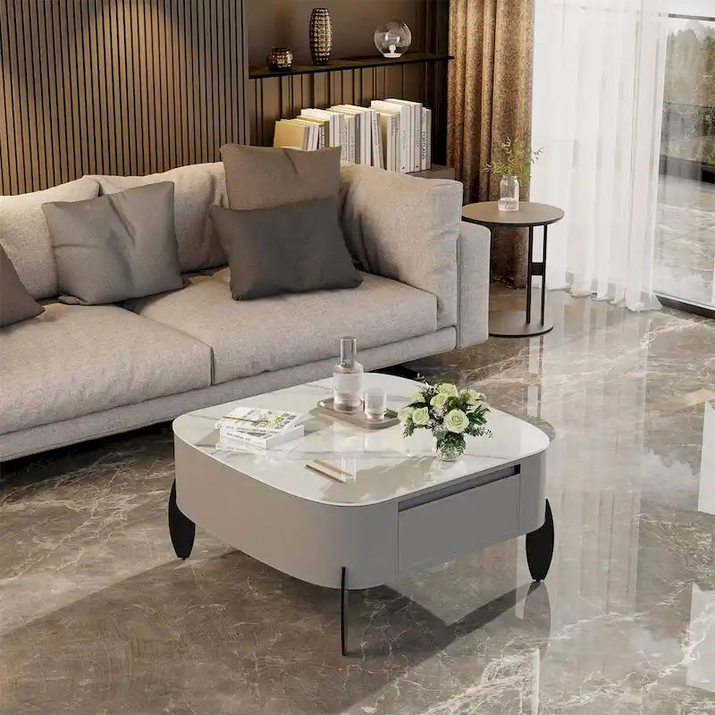 Table Basse Carrée Moderne avec Tiroirs, Table d'Appoint Blanche Style Mecha