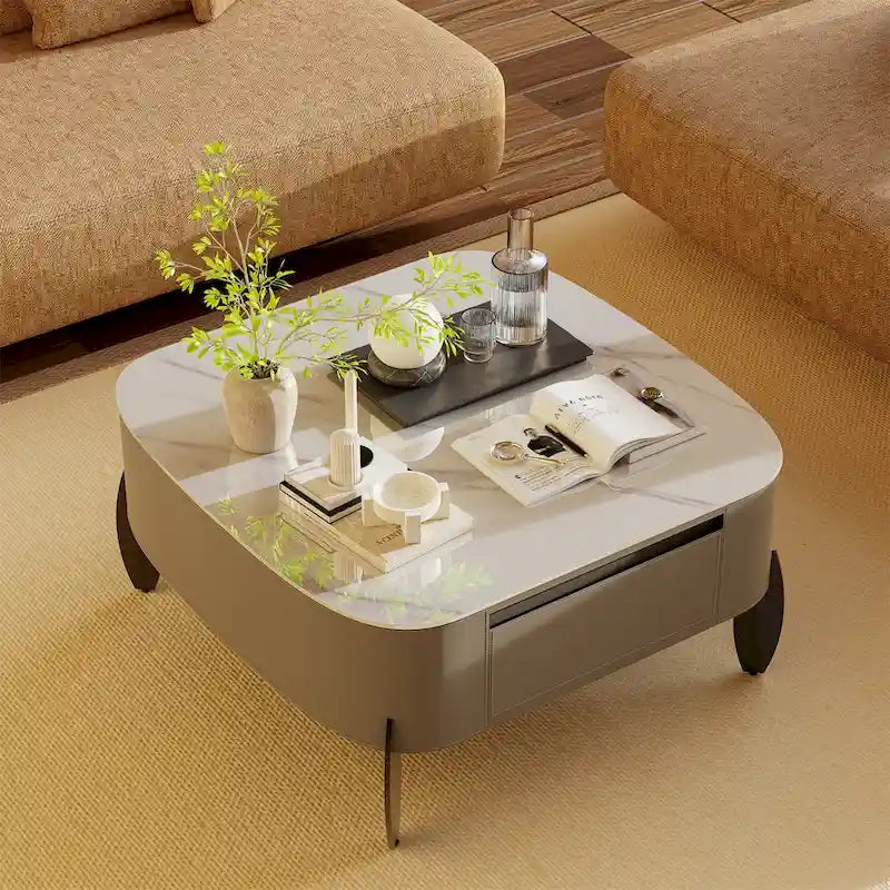 Table Basse Carrée Moderne avec Tiroirs, Table d'Appoint Blanche Style Mecha