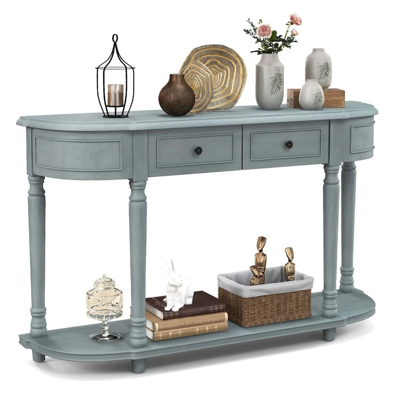 Longue table console avec 2 tiroirs et étagère ouverte style rétro
