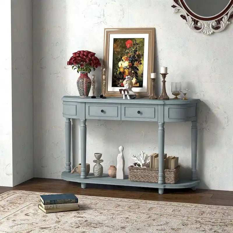 Longue table console avec 2 tiroirs et étagère ouverte style rétro