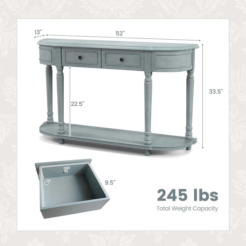 Longue table console avec 2 tiroirs et étagère ouverte style rétro