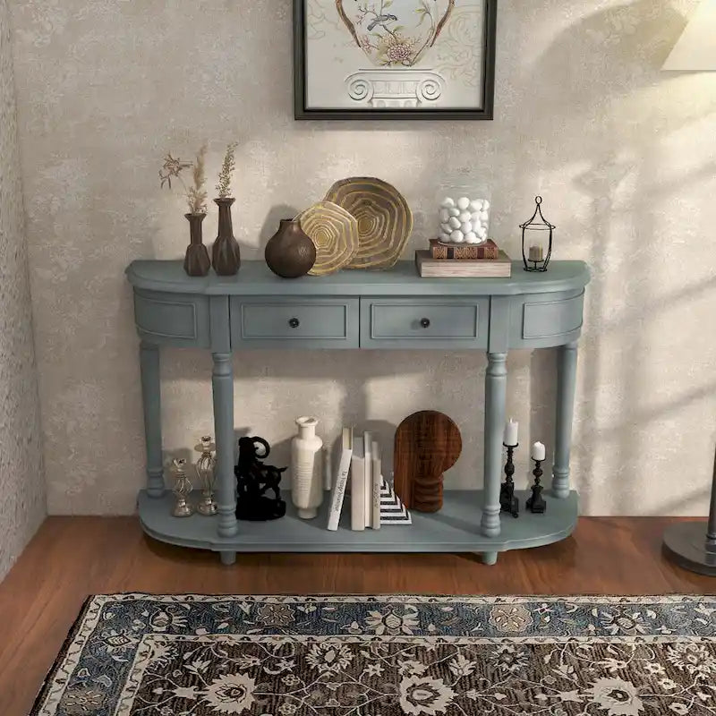 Longue table console avec 2 tiroirs et étagère ouverte style rétro