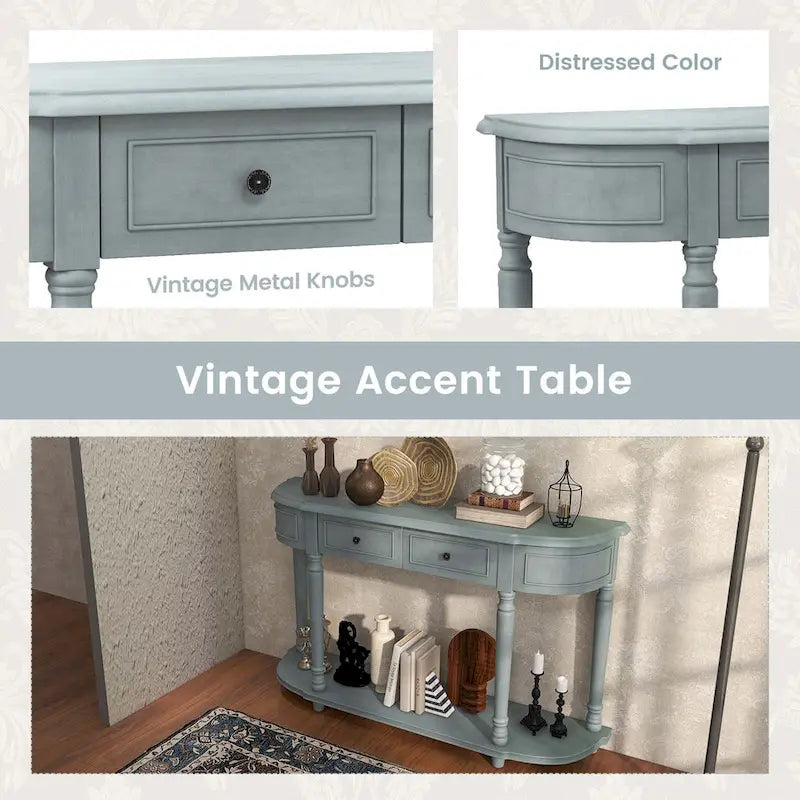 Longue table console avec 2 tiroirs et étagère ouverte style rétro