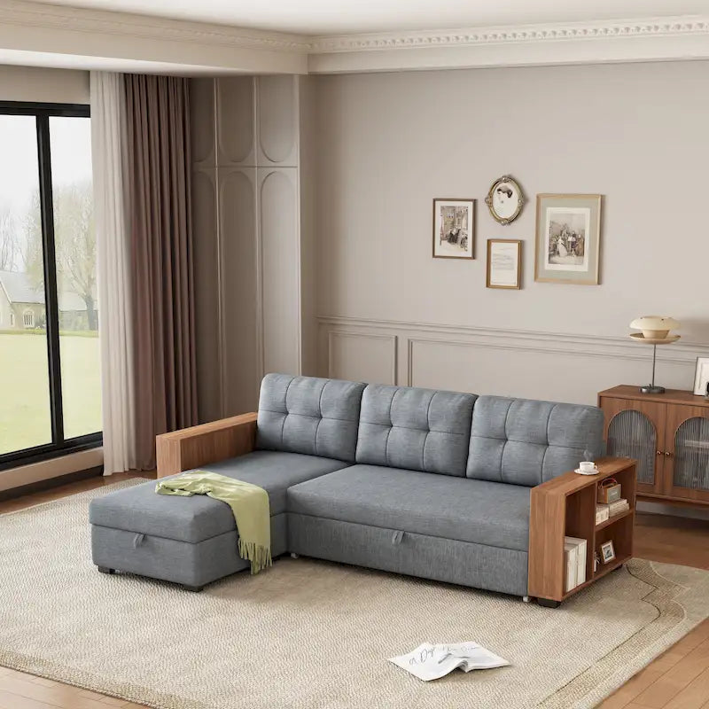 Canapé d'angle convertible avec méridienne de rangement et couchage gigogne