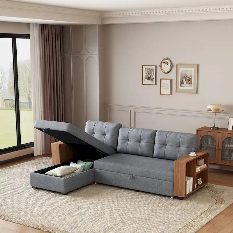 Canapé d'angle convertible avec méridienne de rangement et couchage gigogne