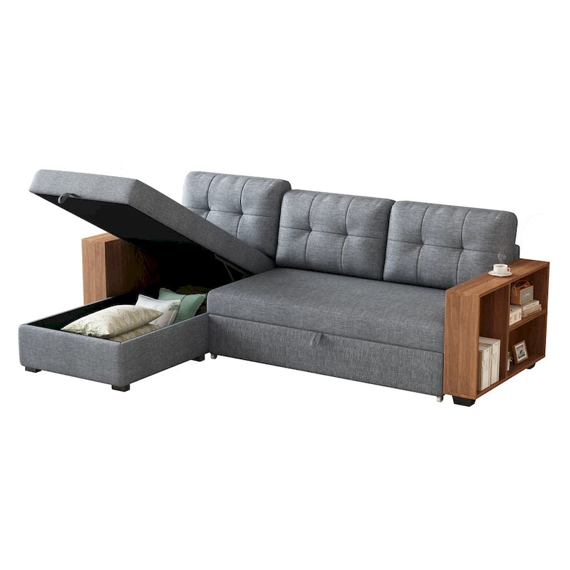 Canapé d'angle convertible avec méridienne de rangement et couchage gigogne