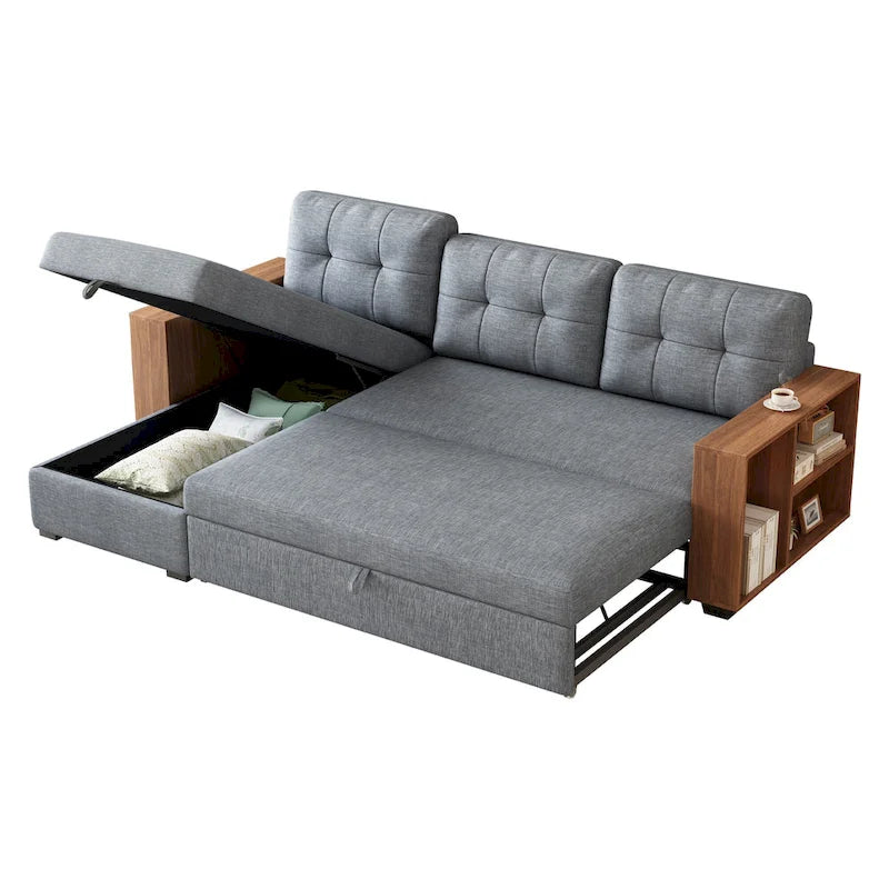 Canapé d'angle convertible avec méridienne de rangement et couchage gigogne