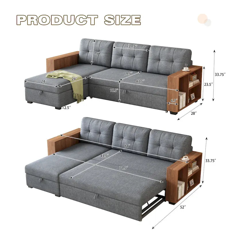 Canapé d'angle convertible avec méridienne de rangement et couchage gigogne
