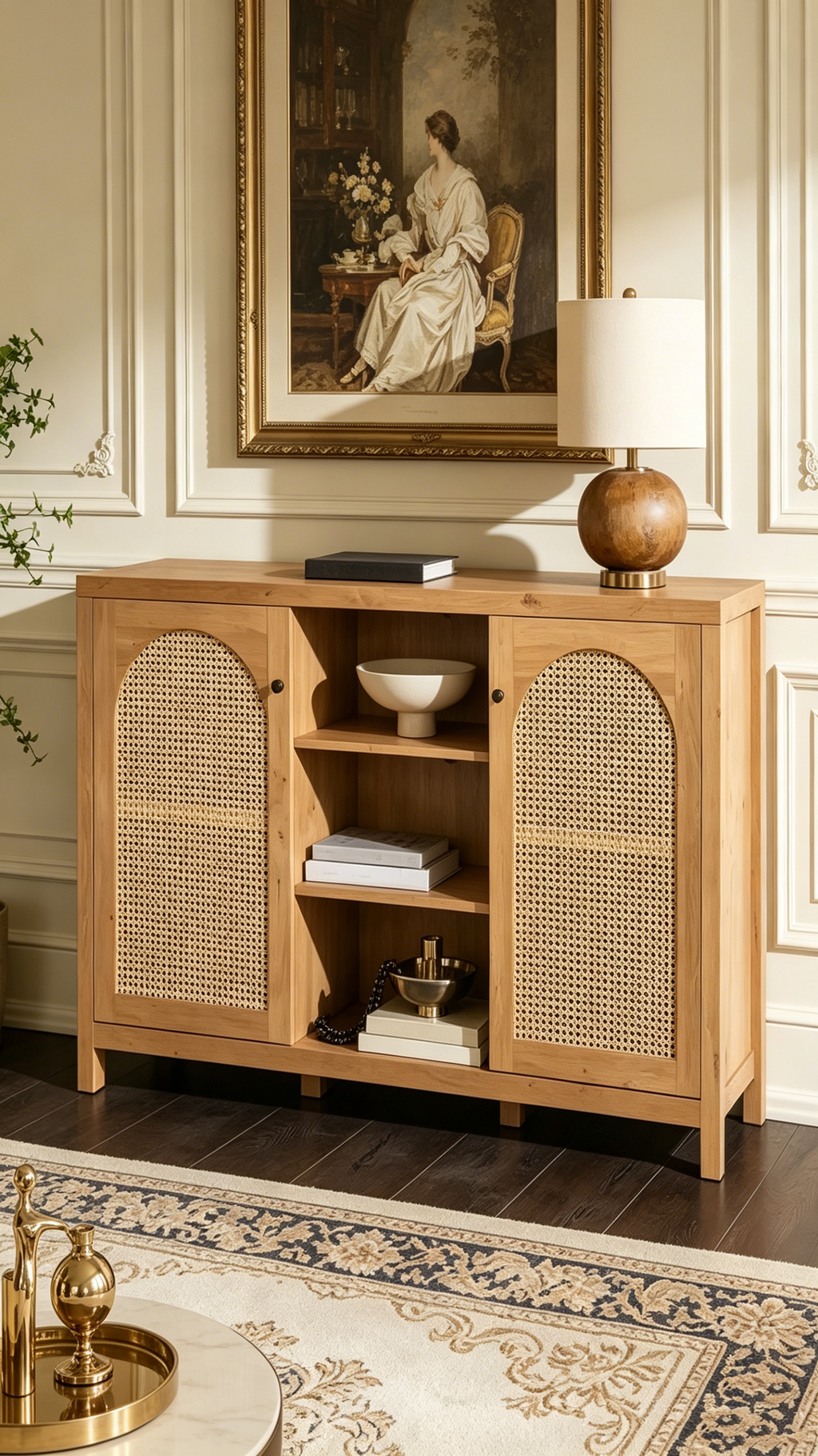 Buffet bas à portes avec panneaux en rotin arqué