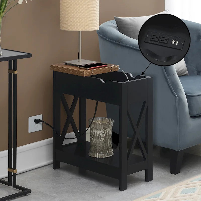 Table d'appoint Oxford à plateau rabattable avec station de charge et étagère