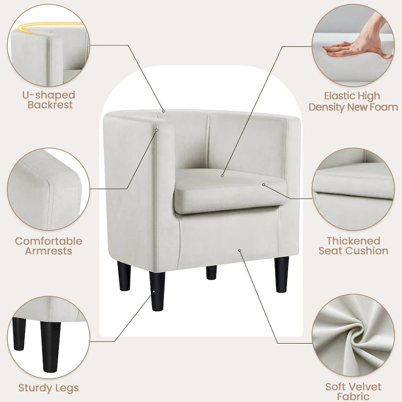 Fauteuil club moderne en forme de tonneau en velours rembourré