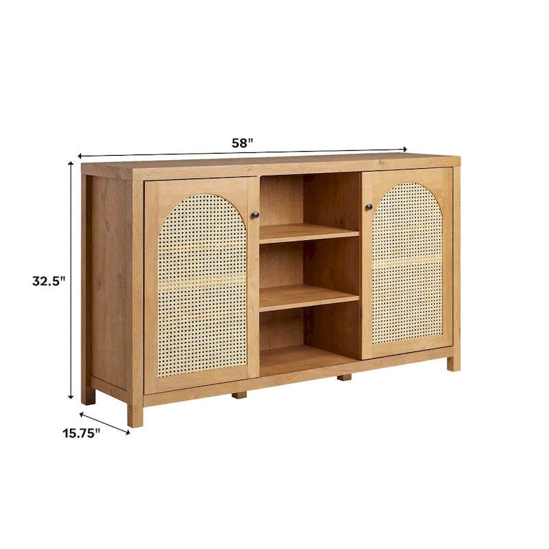 Buffet bas à portes avec panneaux en rotin arqué