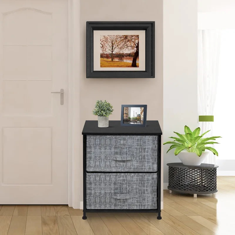 Table de chevet à deux tiroirs / Commode de rangement avec tiroirs en tissu