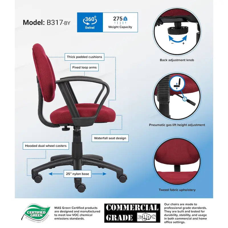 Chaise de travail ergonomique à dossier mi-hauteur