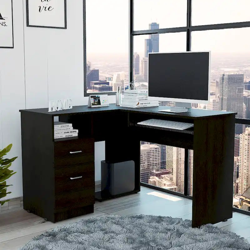 Bureau d'angle avec étagères ouvertes et tablette coulissante pour clavier