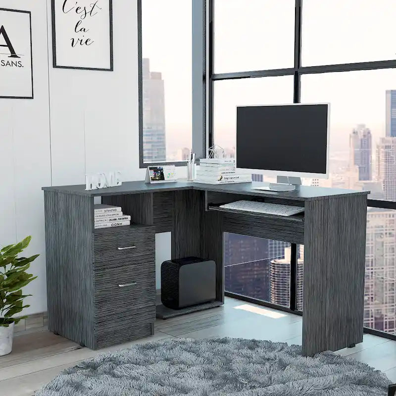 Bureau d'angle avec étagères ouvertes et tablette coulissante pour clavier