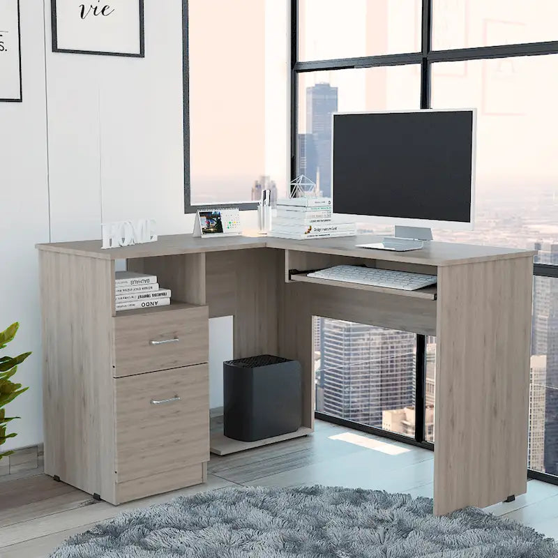 Bureau d'angle avec étagères ouvertes et tablette coulissante pour clavier