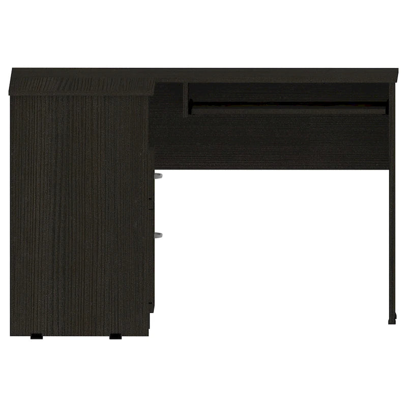 Bureau d'angle avec étagères ouvertes et tablette coulissante pour clavier