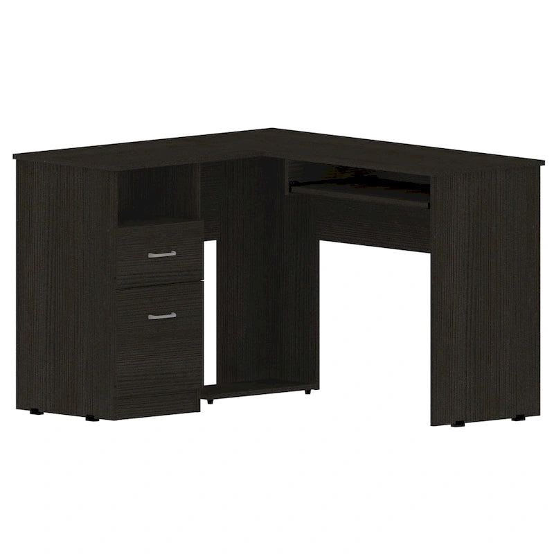 Bureau d'angle avec étagères ouvertes et tablette coulissante pour clavier