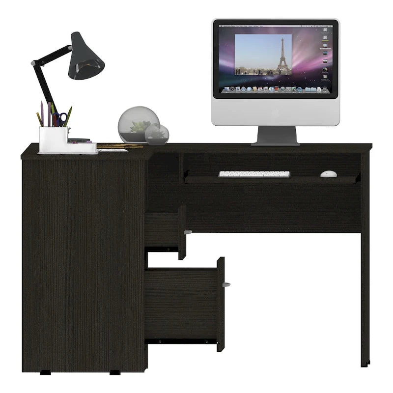 Bureau d'angle avec étagères ouvertes et tablette coulissante pour clavier