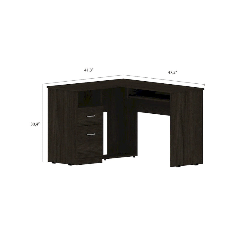 Bureau d'angle avec étagères ouvertes et tablette coulissante pour clavier