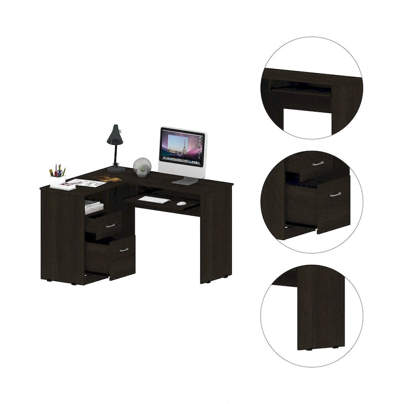 Bureau d'angle avec étagères ouvertes et tablette coulissante pour clavier