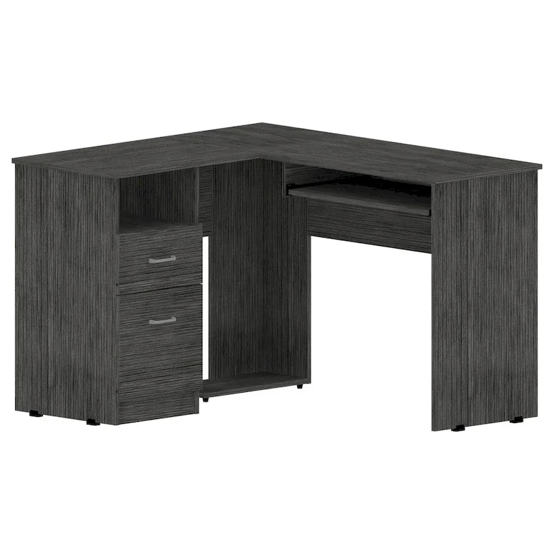Bureau d'angle avec étagères ouvertes et tablette coulissante pour clavier