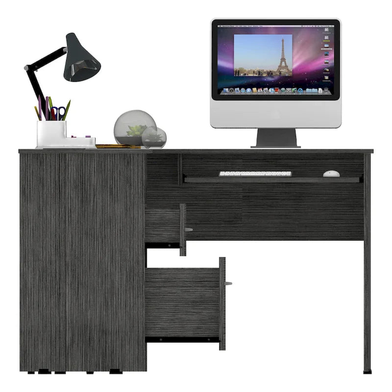 Bureau d'angle avec étagères ouvertes et tablette coulissante pour clavier