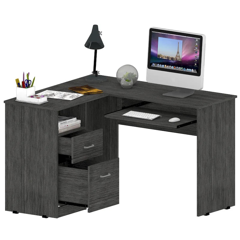Bureau d'angle avec étagères ouvertes et tablette coulissante pour clavier