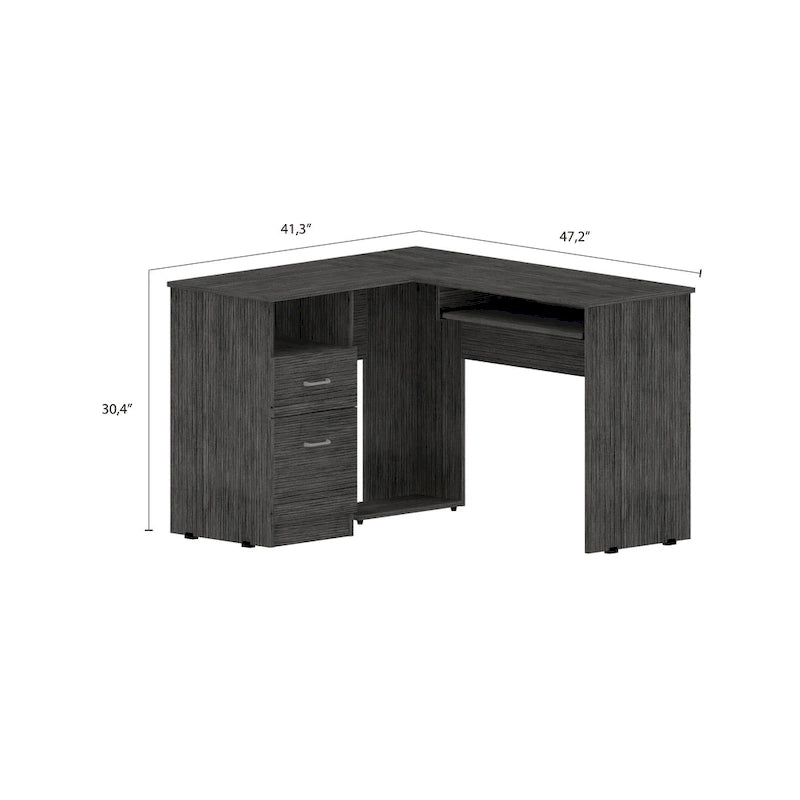 Bureau d'angle avec étagères ouvertes et tablette coulissante pour clavier