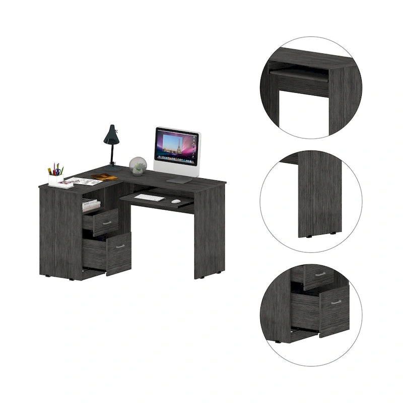 Bureau d'angle avec étagères ouvertes et tablette coulissante pour clavier