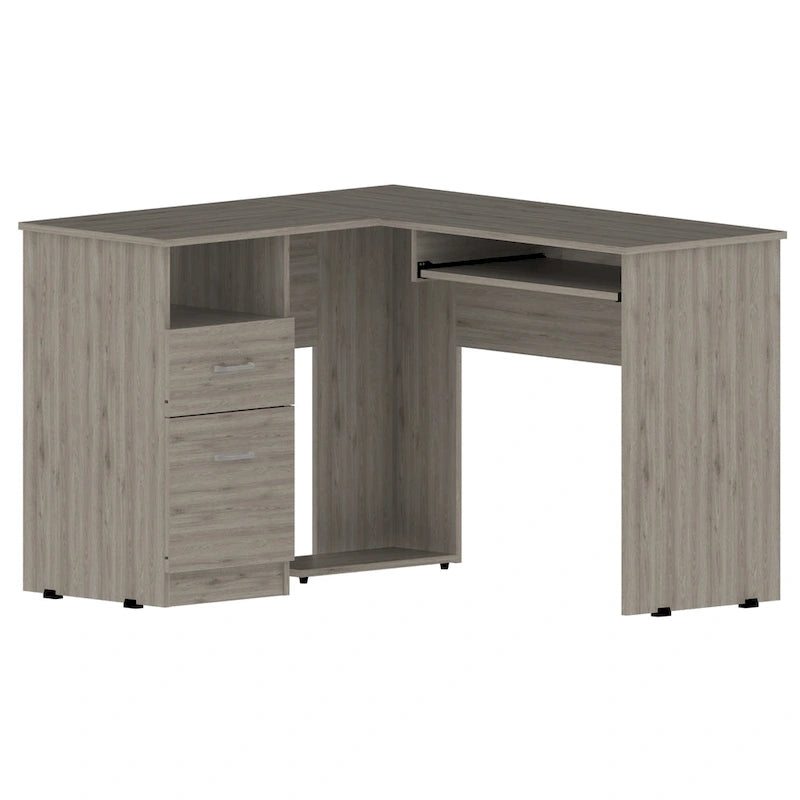 Bureau d'angle avec étagères ouvertes et tablette coulissante pour clavier