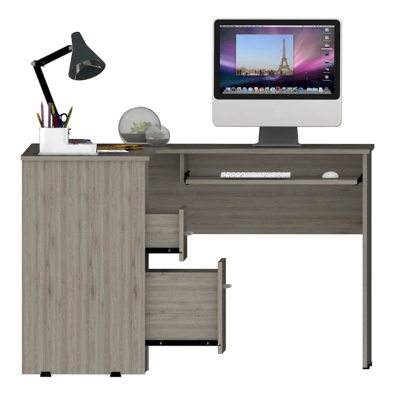 Bureau d'angle avec étagères ouvertes et tablette coulissante pour clavier