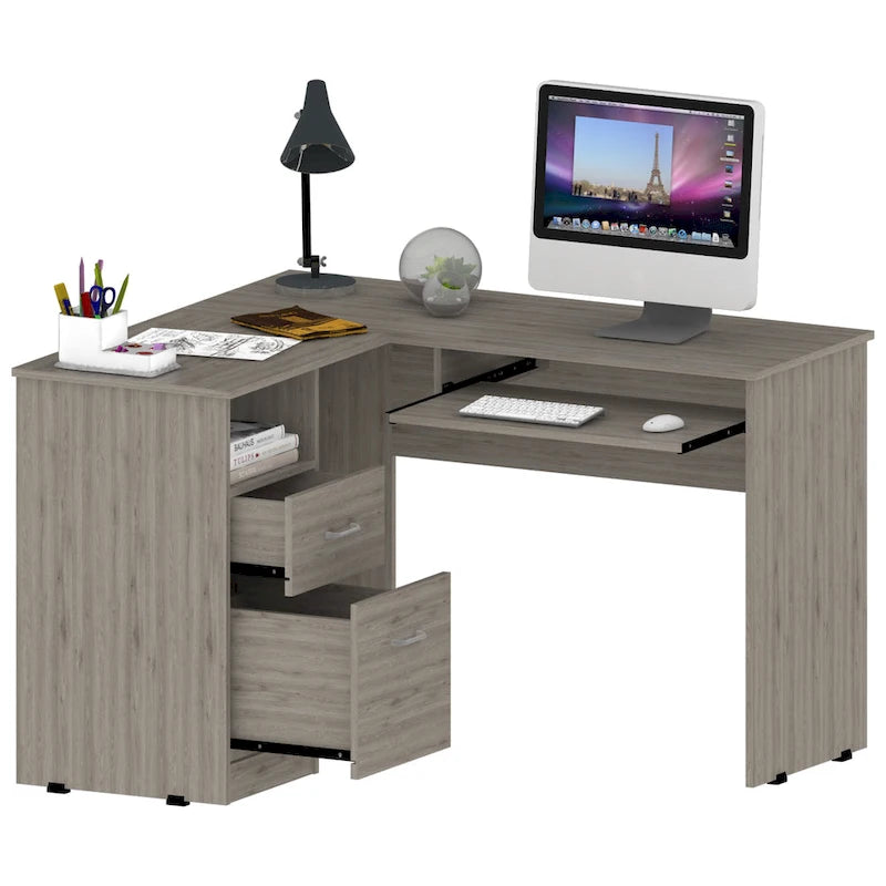 Bureau d'angle avec étagères ouvertes et tablette coulissante pour clavier