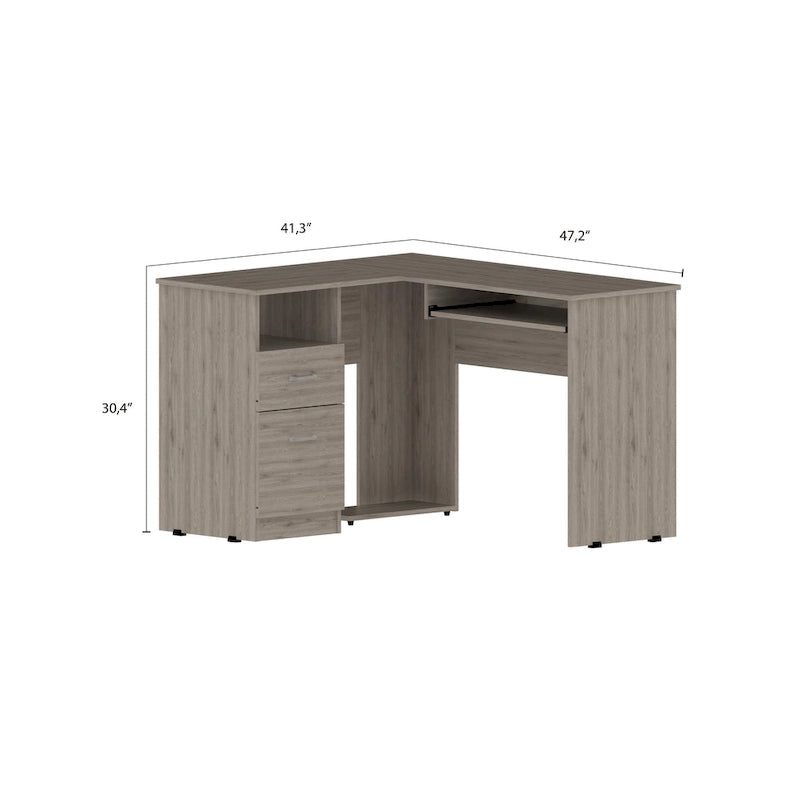 Bureau d'angle avec étagères ouvertes et tablette coulissante pour clavier