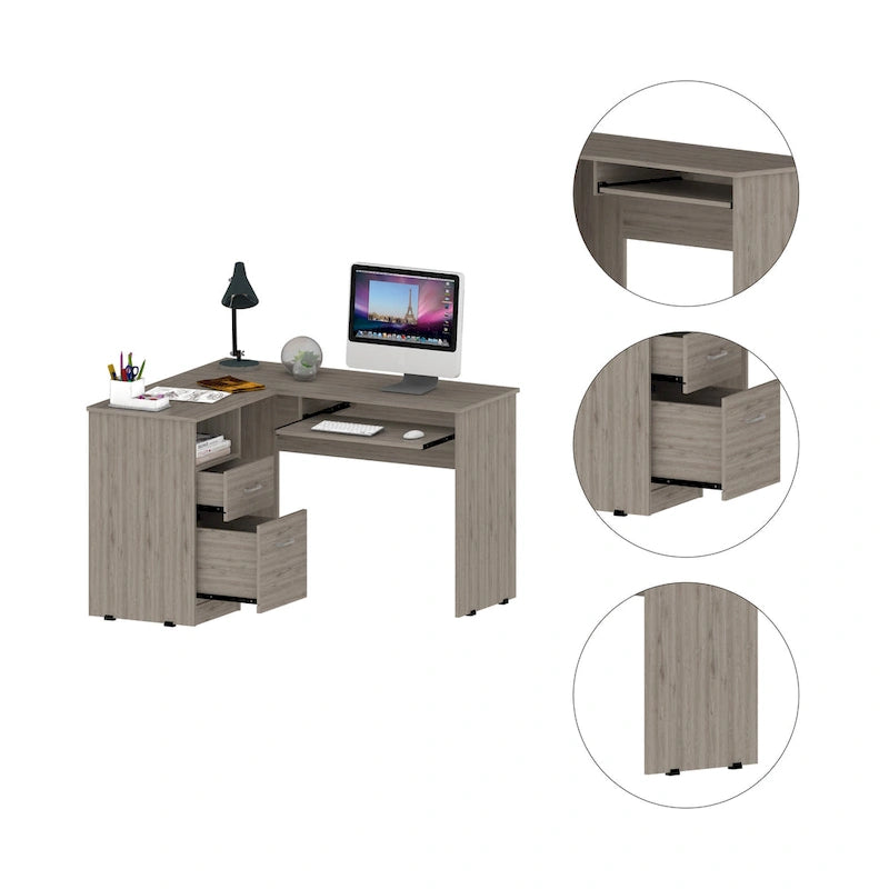 Bureau d'angle avec étagères ouvertes et tablette coulissante pour clavier