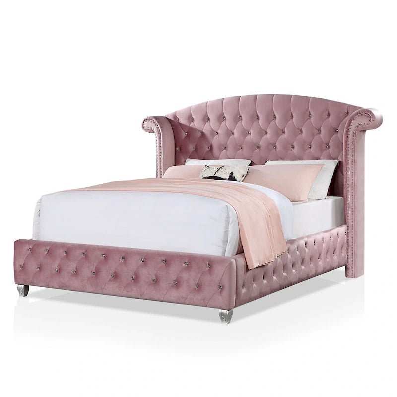 Lit à panneaux capitonné rose avec tête de lit à oreilles