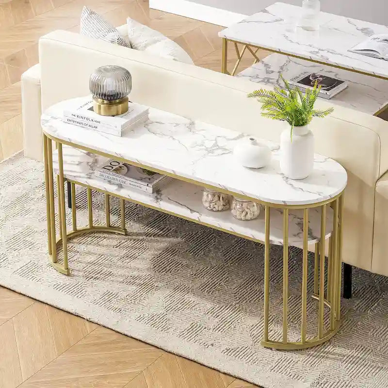 Table de canapé, table console avec cadre en métal doré