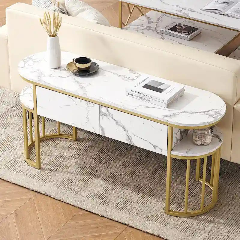 Table de canapé, table console avec cadre en métal doré
