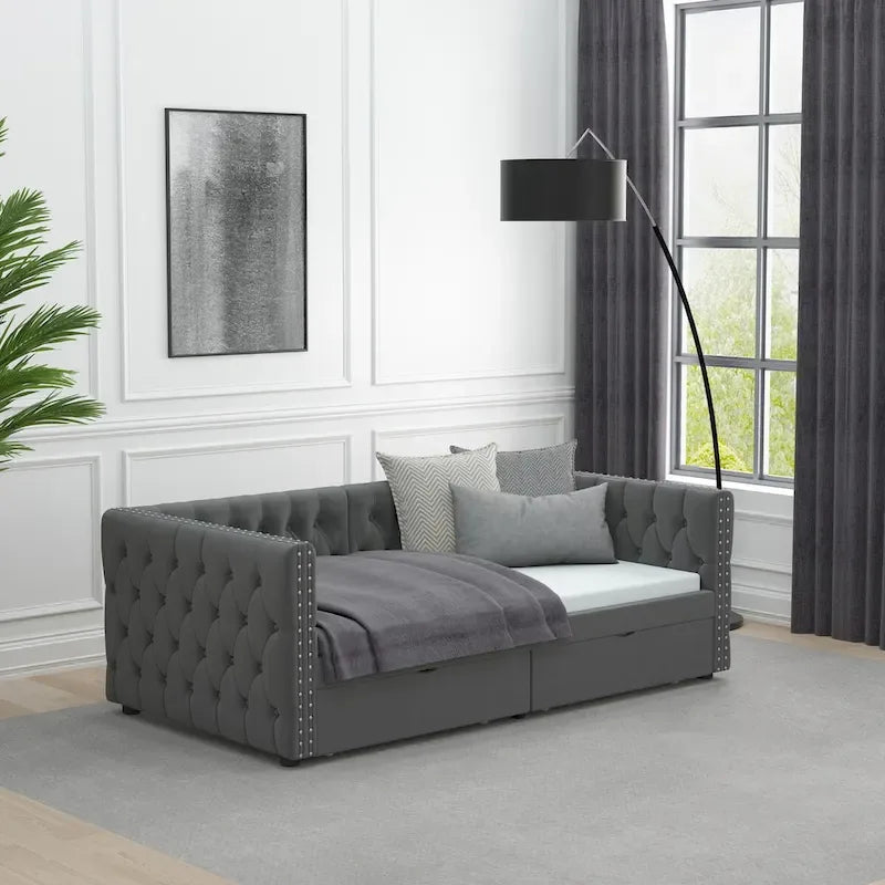 Lit de repos capitonné avec tiroirs, boutons et clous de cuivre