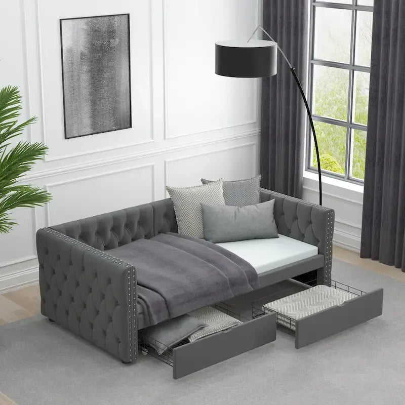 Lit de repos capitonné avec tiroirs, boutons et clous de cuivre
