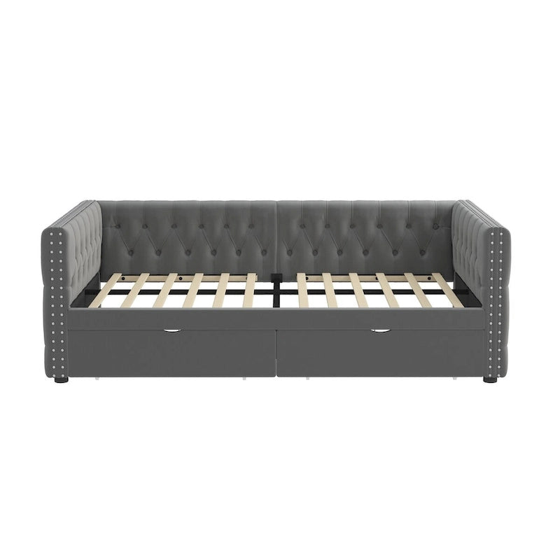 Lit de repos capitonné avec tiroirs, boutons et clous de cuivre